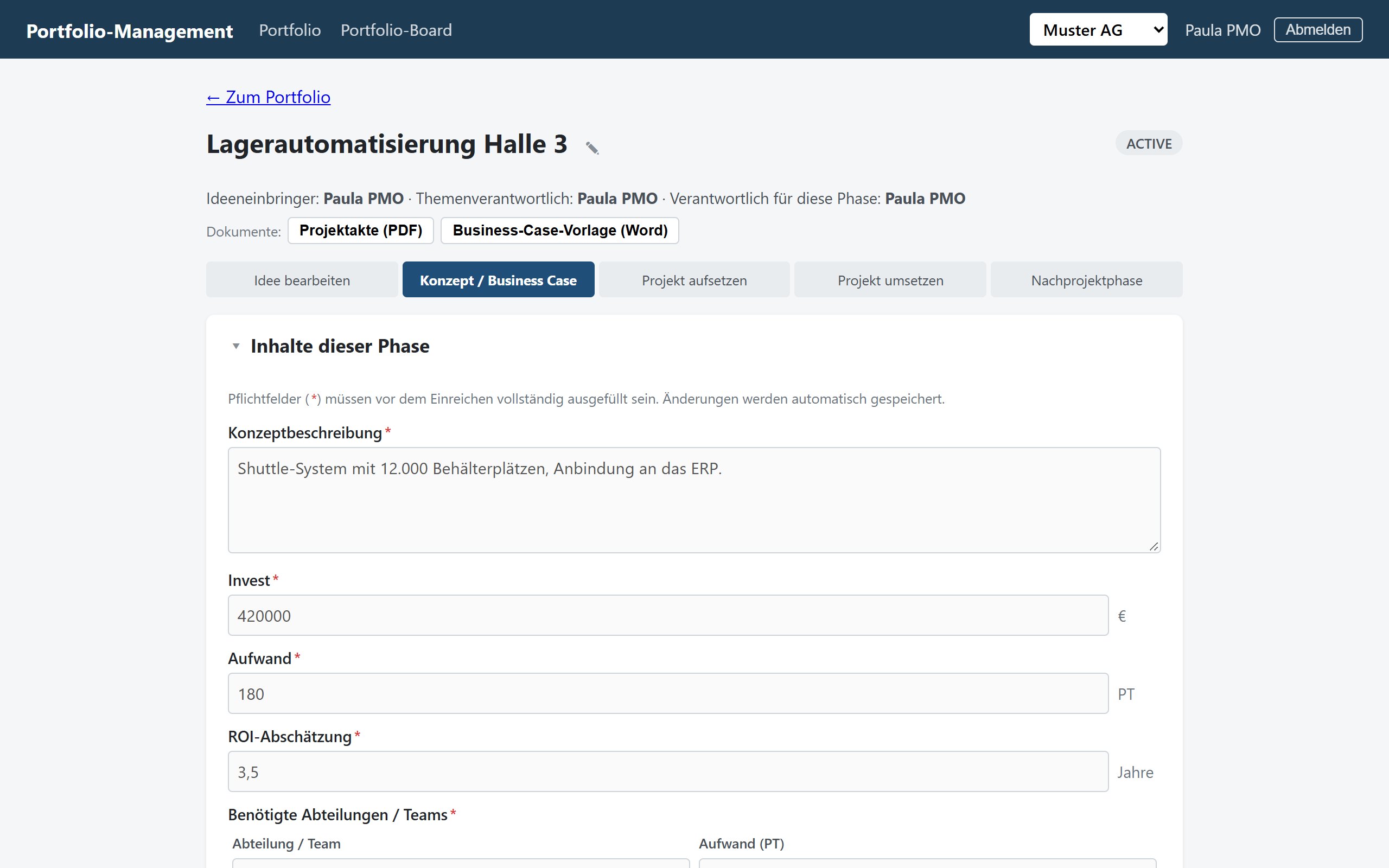 Business Case mit Konzeptbeschreibung, Invest, Aufwand, ROI und benötigten Abteilungen